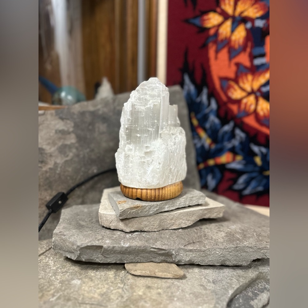 Large Selenite Crystal Lamp on Wood Base